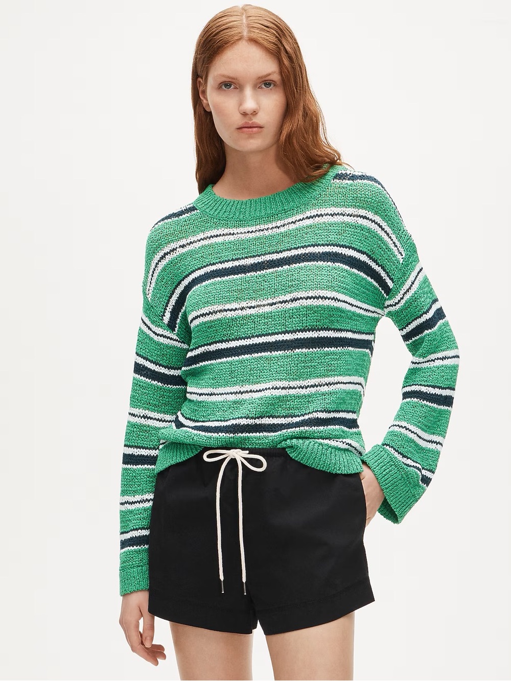 J. Crew Green Striped Crewneck Sweater with Navy and White - Picture 2 of 5